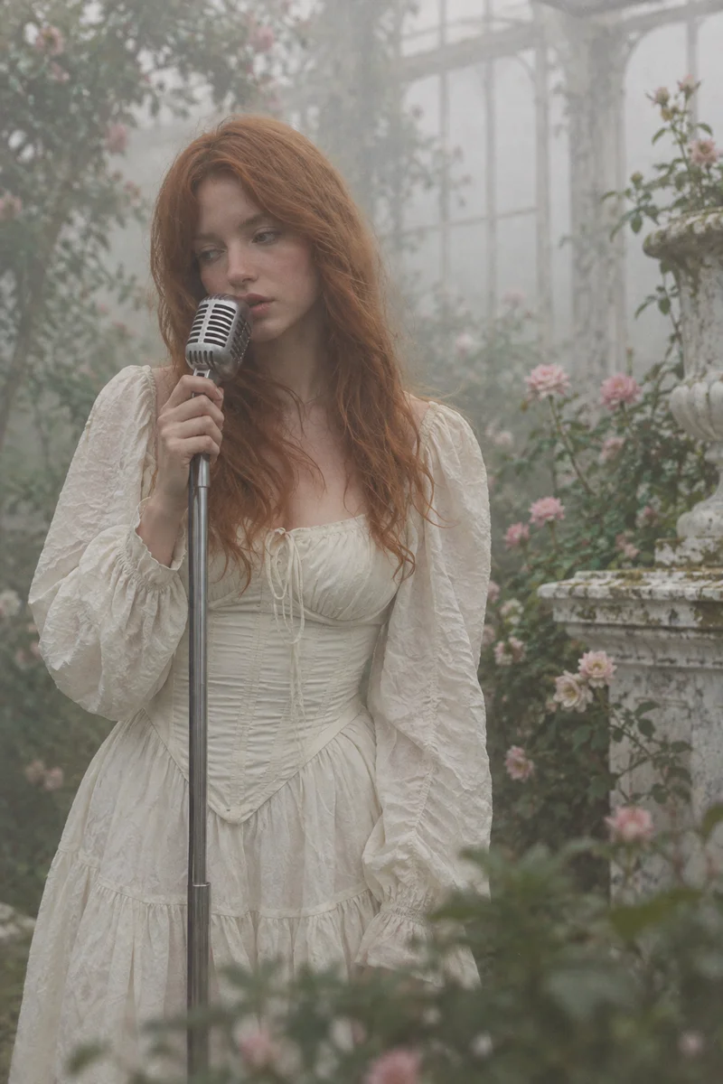 Red-haired singer in an ivory dress performing in a misty rose garden