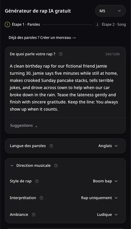 Formulaire de paroles rap AISongsMaker avec le sujet fictif de Jamie, des paroles anglaises et une direction ludique