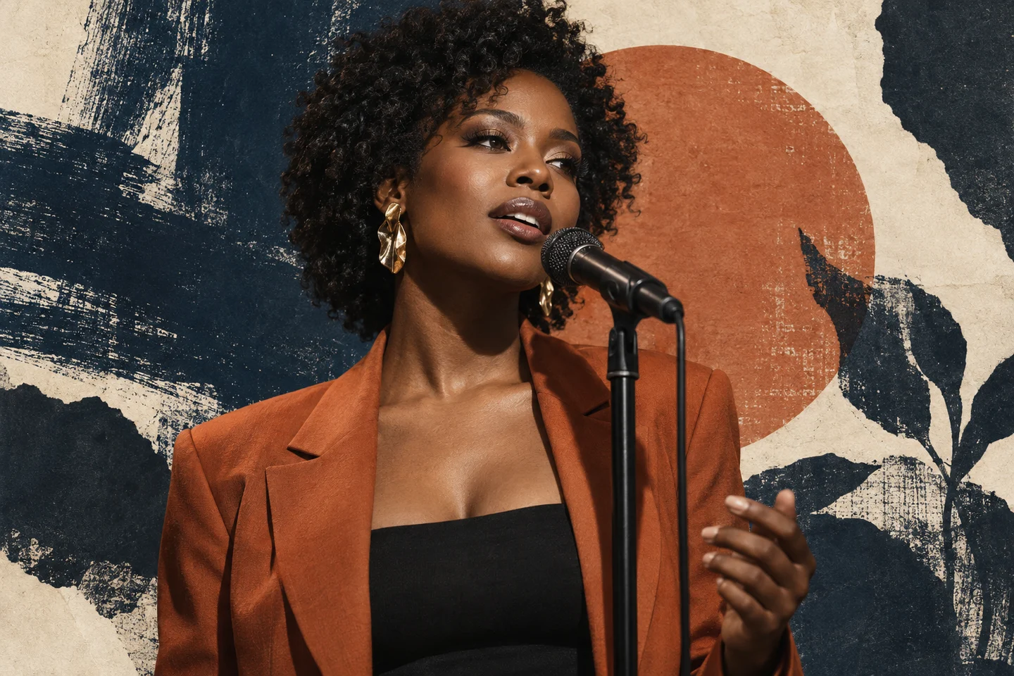 A vocalist in a rust jacket singing into a microphone in an editorial paper collage
