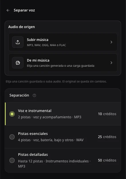Opciones de origen para separación en AISongsMaker antes de elegir canción o archivo