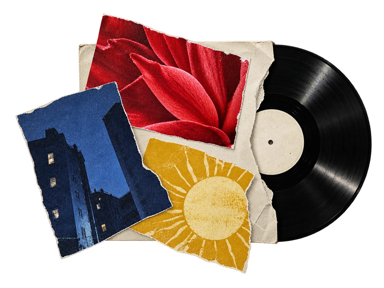 Cut-paper photographs and a vinyl record arranged for a remix