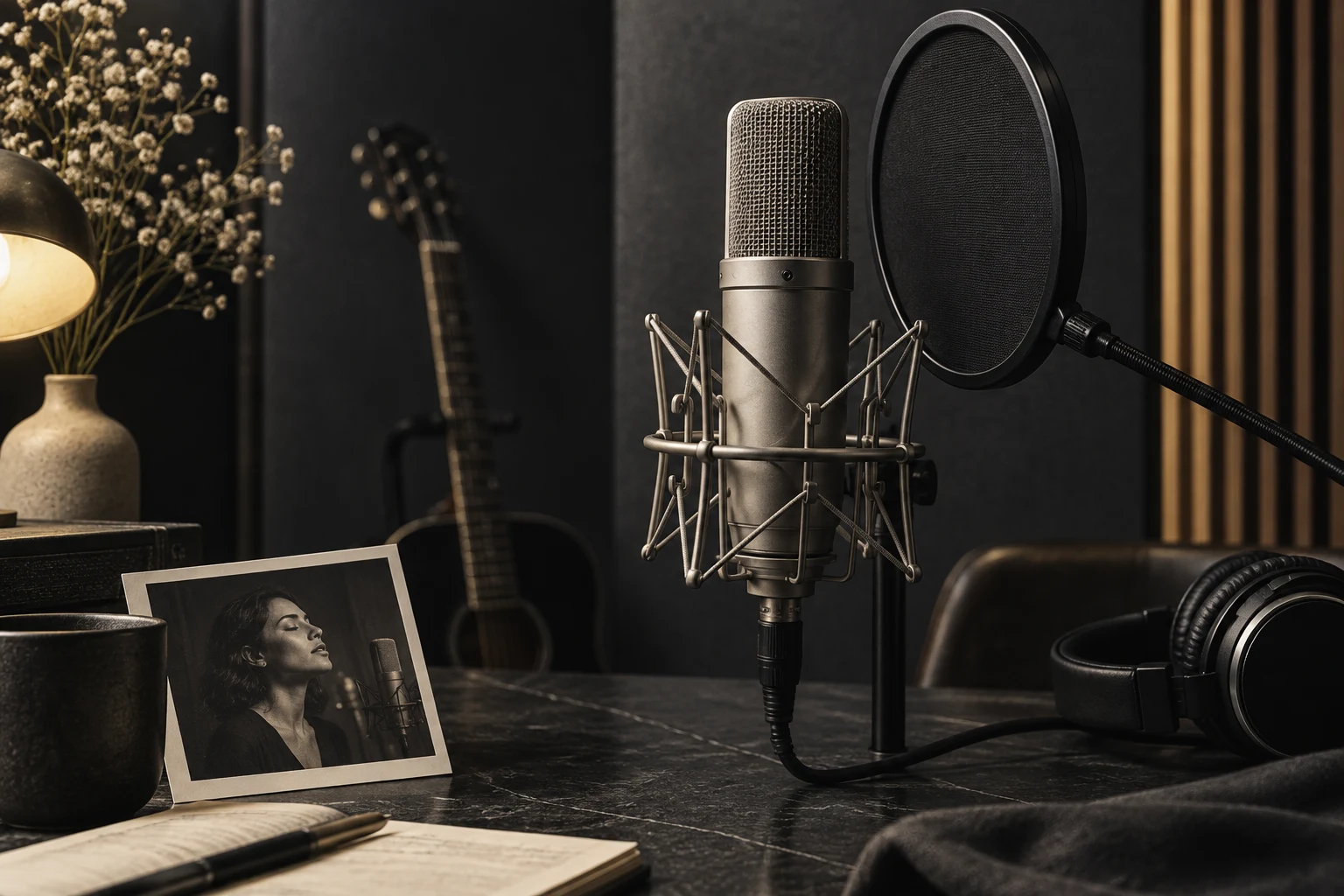 A microphone and pop filter in a quiet recording space