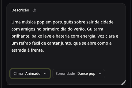 Formulário real de pop com descrição de viagem e opções compactas de clima e sonoridade