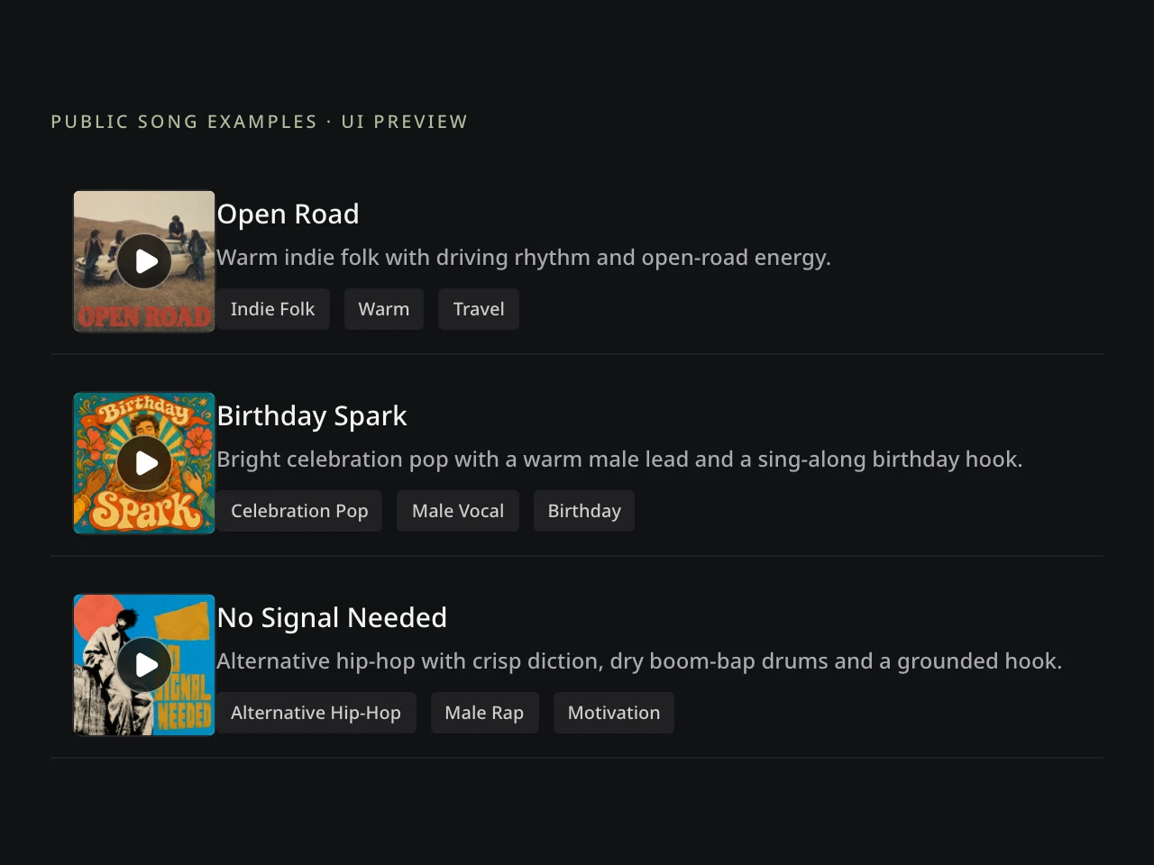 Lyrics to Song: current public song examples, static UI preview