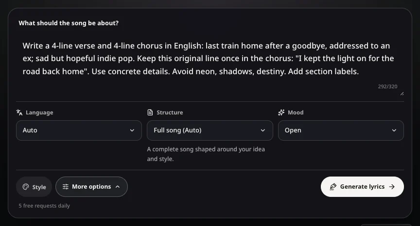 AISongsMaker original lyric brief with Style and expanded Language, Structure and Mood controls