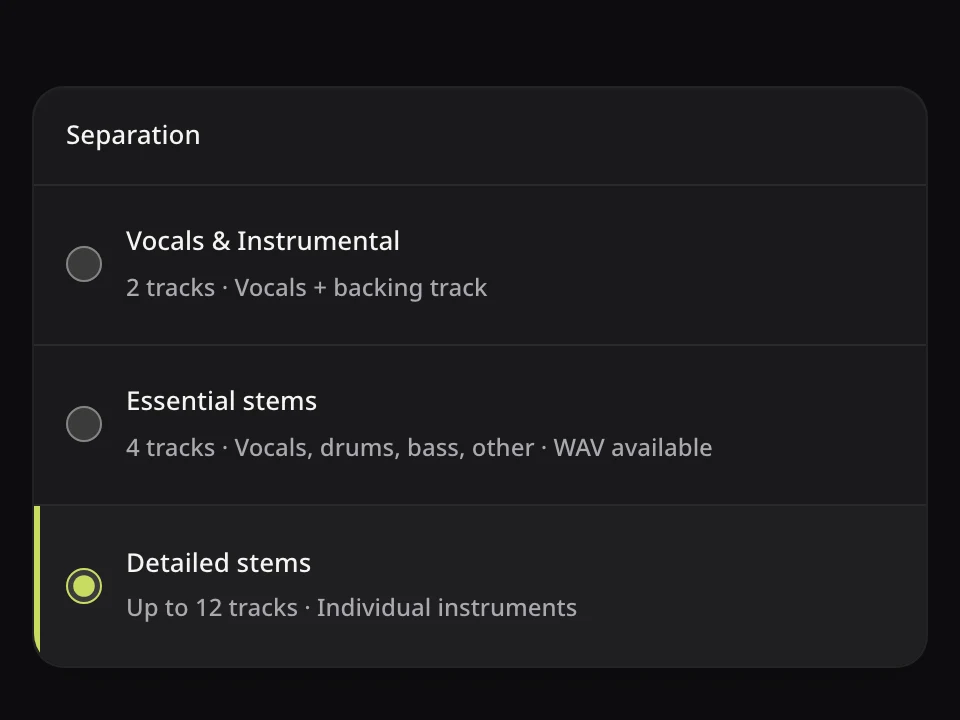 AI Stem Splitter workspace: Review the available outputs