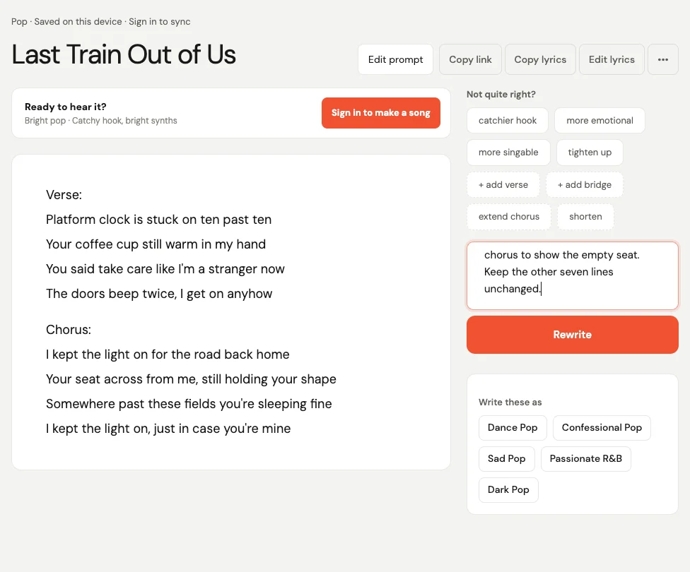 Freshbots revised train-home lyric with copying, editing, Rewrite and device-saving controls