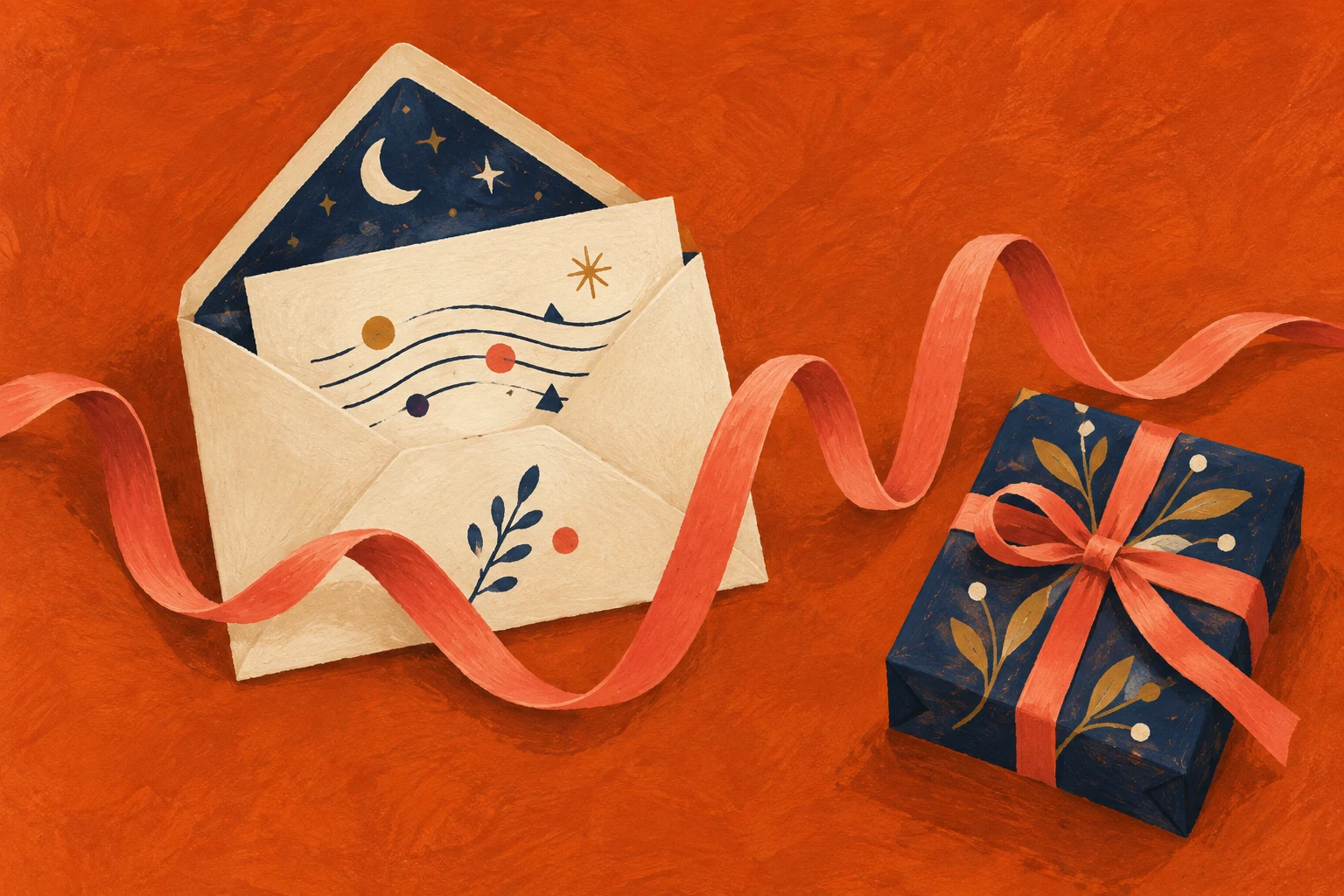 Sobre pintado, cinta y paquete de regalo