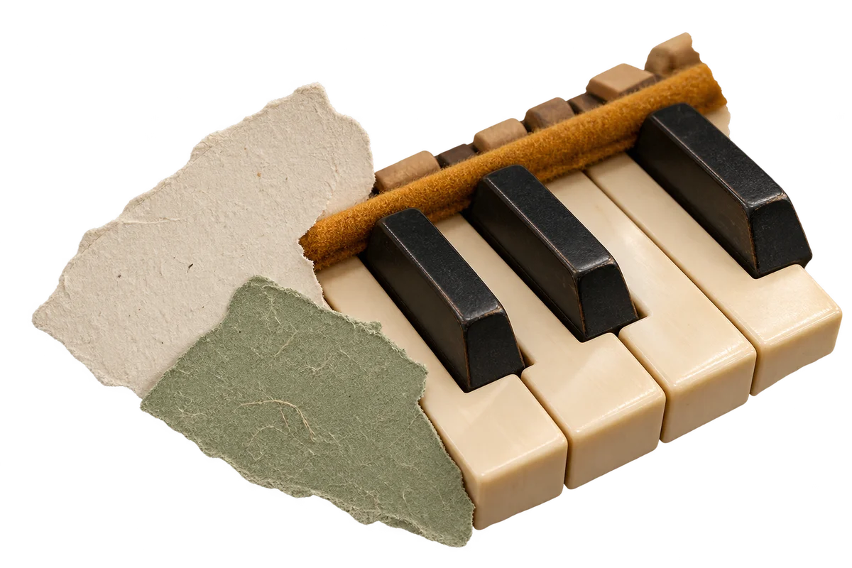 Original close-up composition of felt, warm piano details and matte paper textures