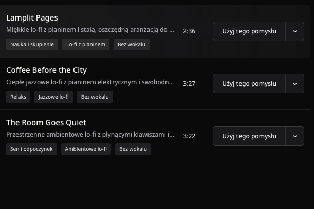 Publiczne przykłady lo-fi z tytułami, prawdziwymi długościami i akcjami ponownego użycia, bez okładek