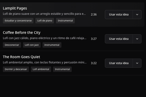Ejemplos públicos de lofi con títulos, duraciones reales y acciones de reutilización, sin portadas
