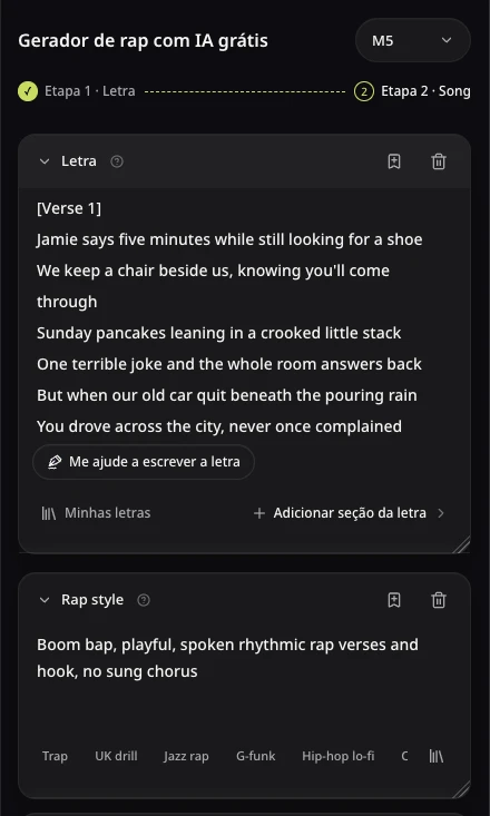 Formulário de música de rap do AISongsMaker com a letra original de Jamie e direção Boom bap, divertida e de rap falado