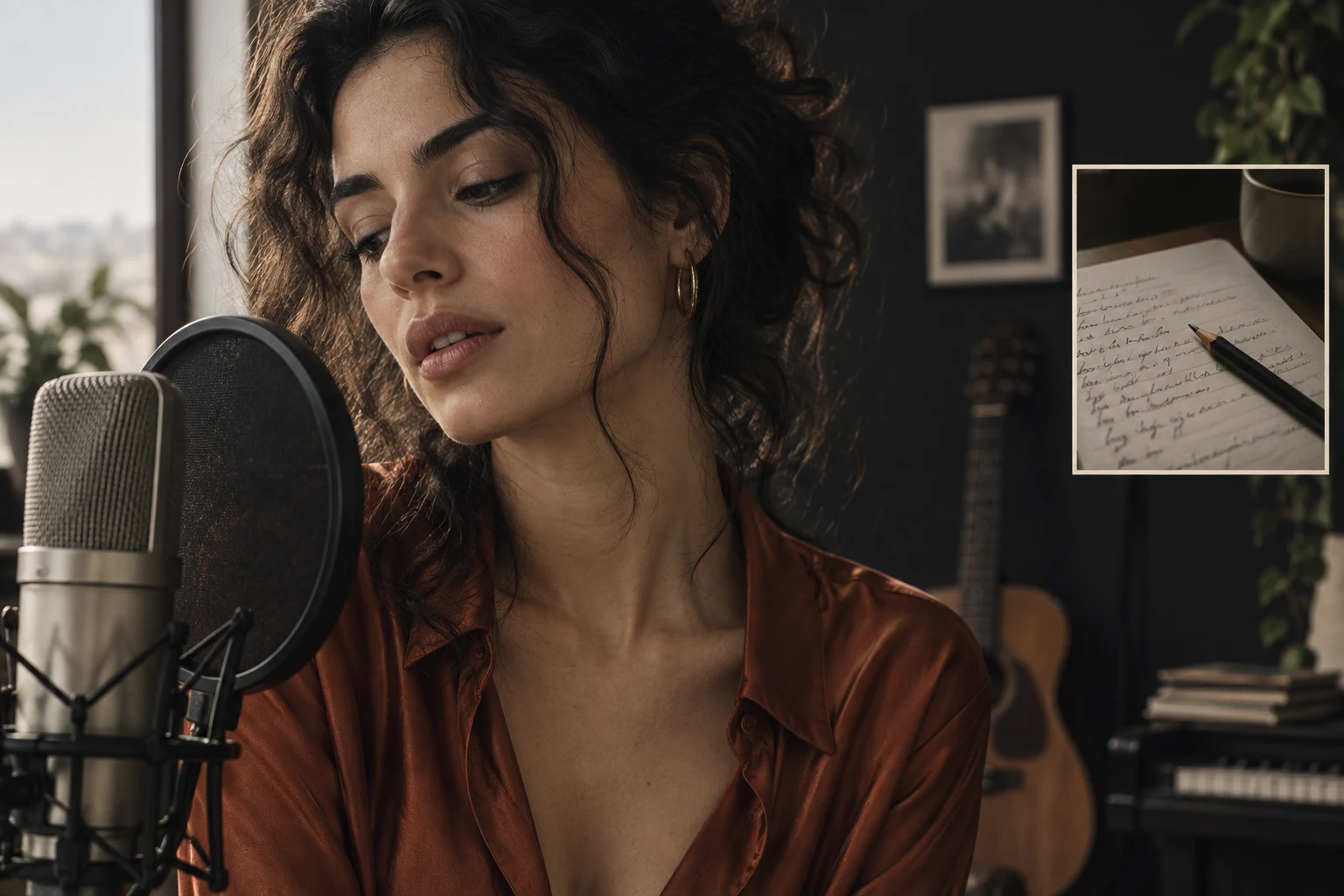 A singer pausing between phrases beside a lyric notebook detail