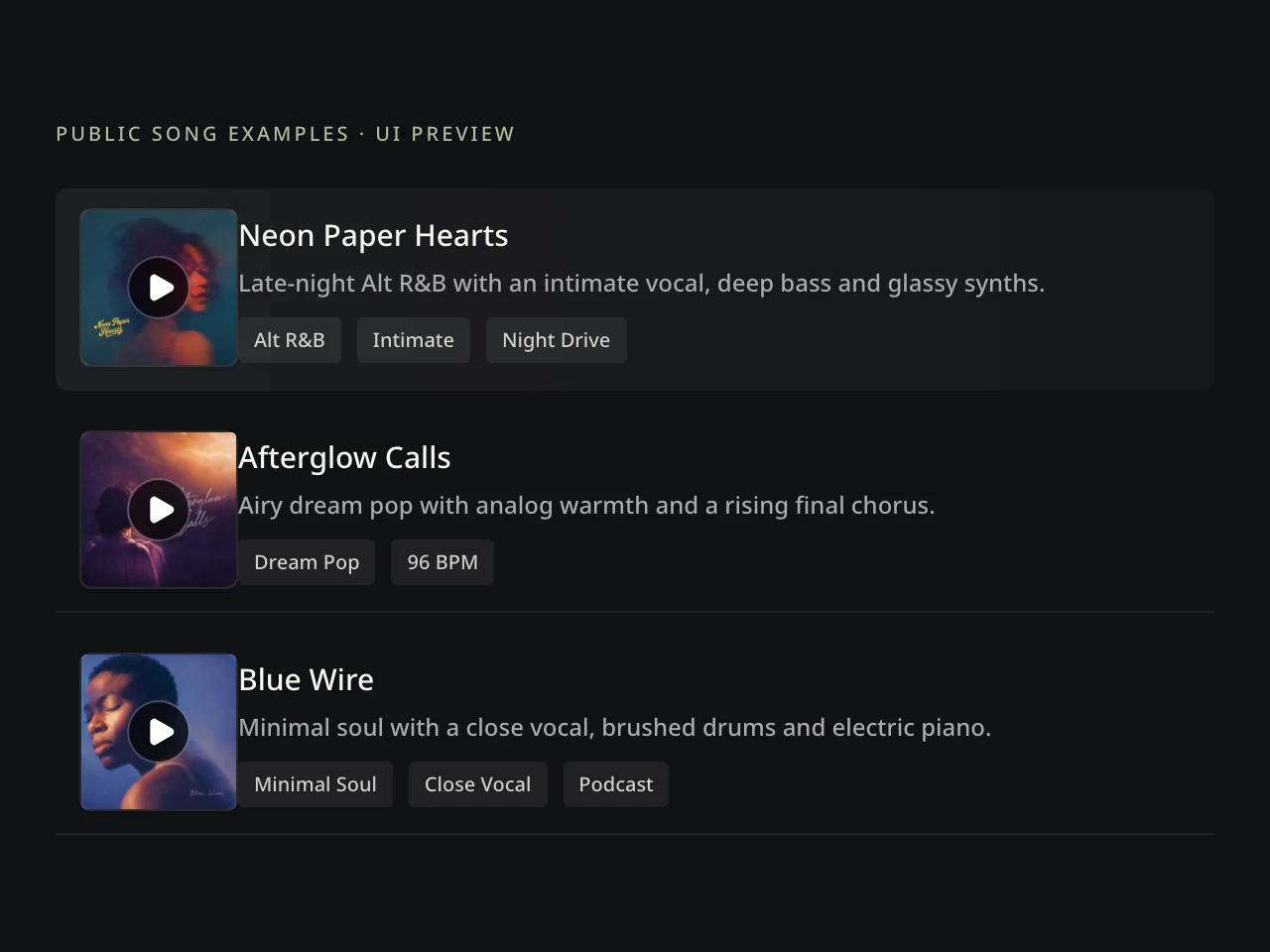 Text to Song: current public song examples, static UI preview