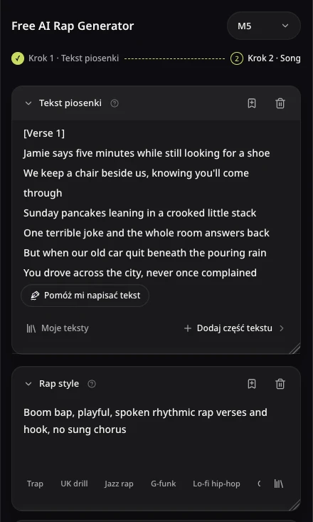 Formularz utworu rapowego AISongsMaker z oryginalnym tekstem Jamiego i kierunkiem Boom bap, żartobliwy oraz mówiony rap