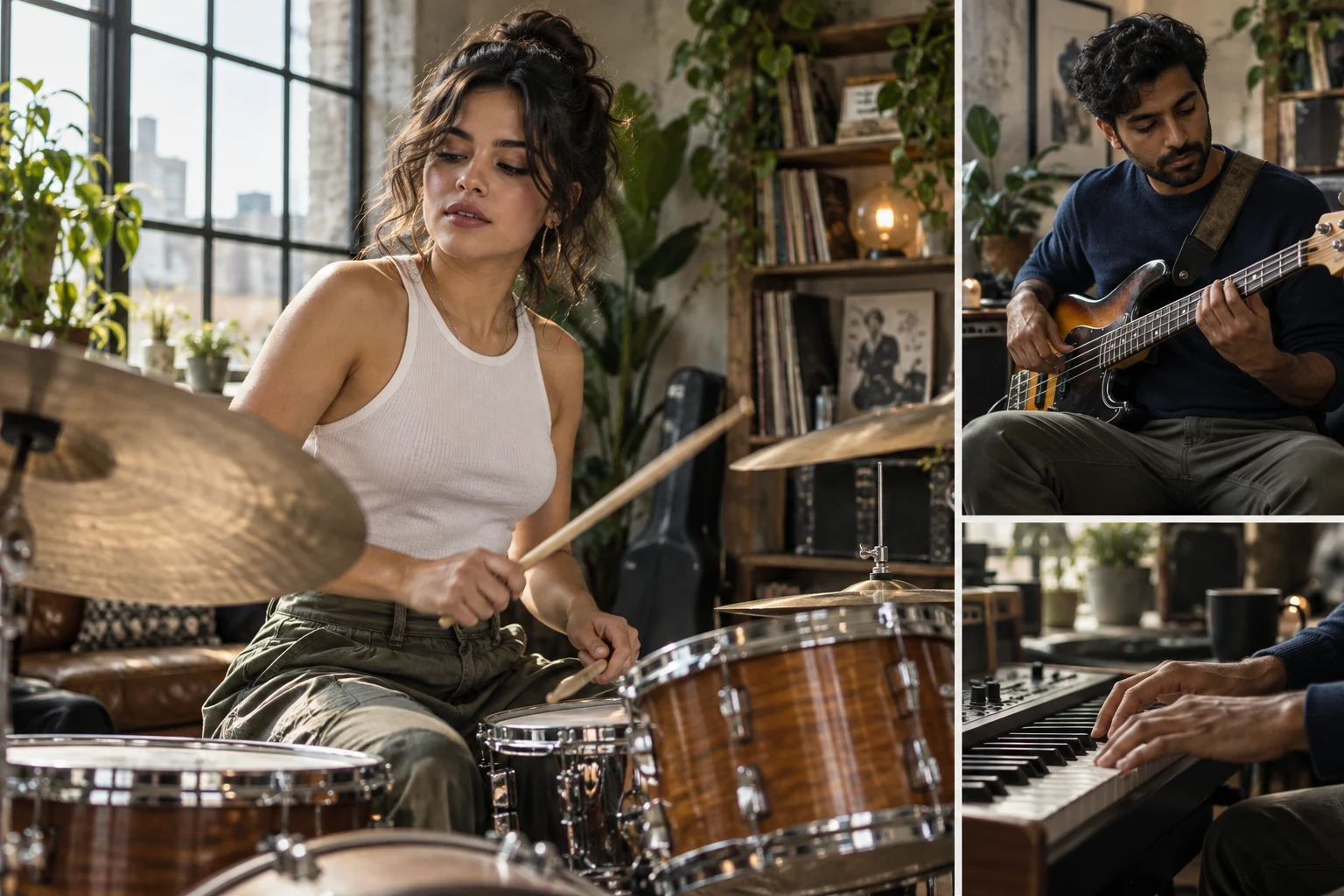 Drum practice, bass study and keyboard playing in a studio collage