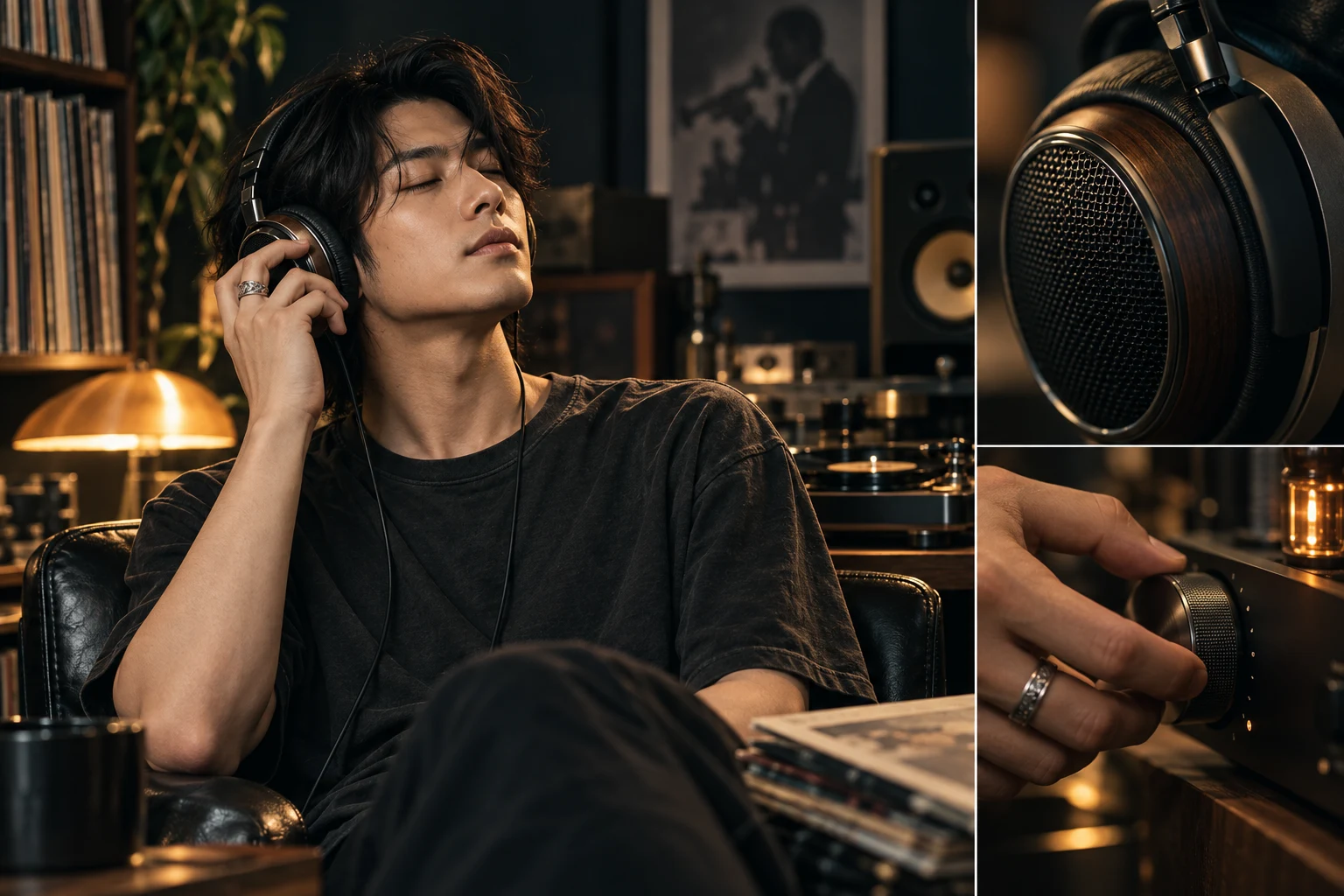 A music creator listening closely with headphone and monitor-control details