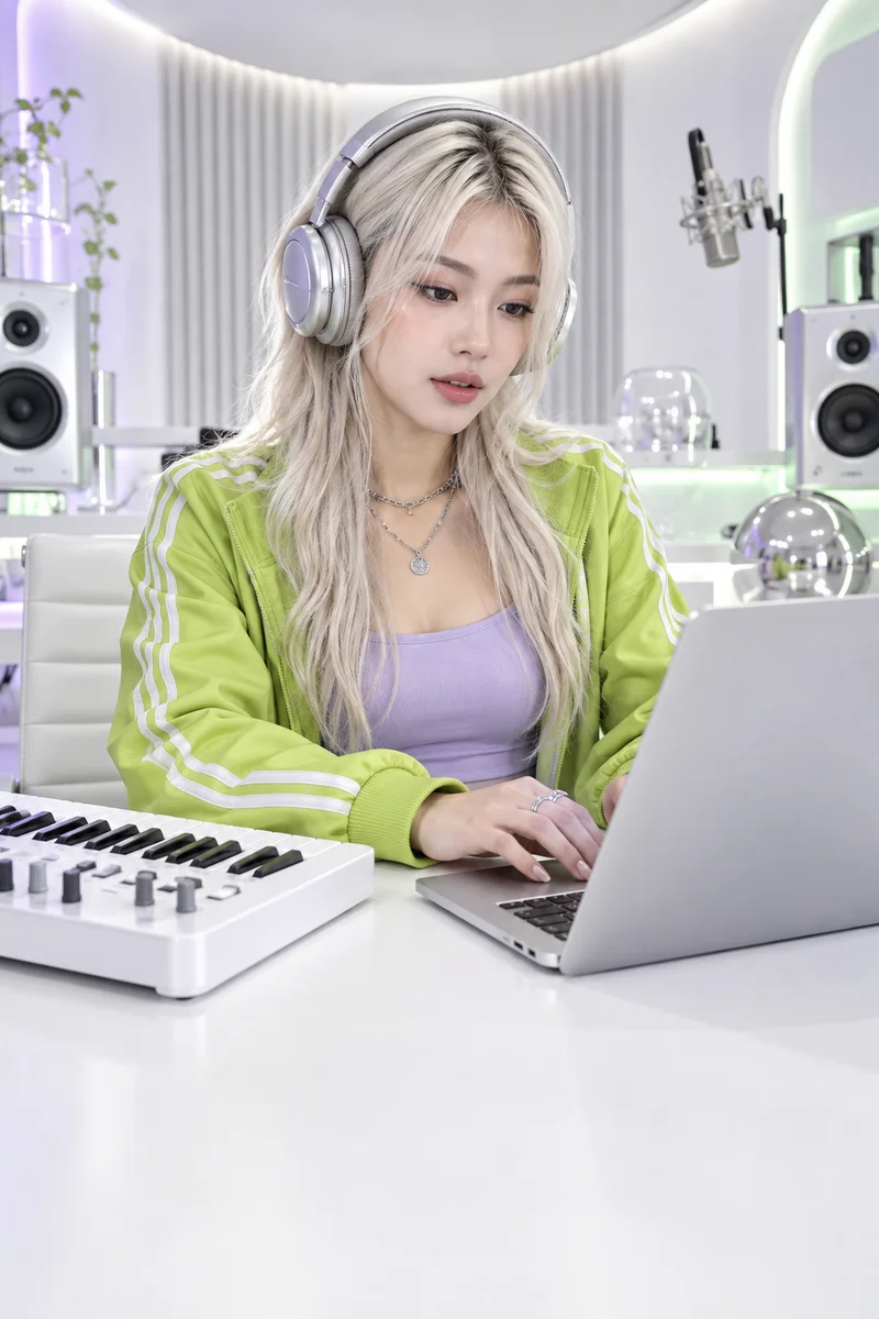 Platinum-blonde musician in green and lilac Y2K clothing composing in a bright white recording studio
