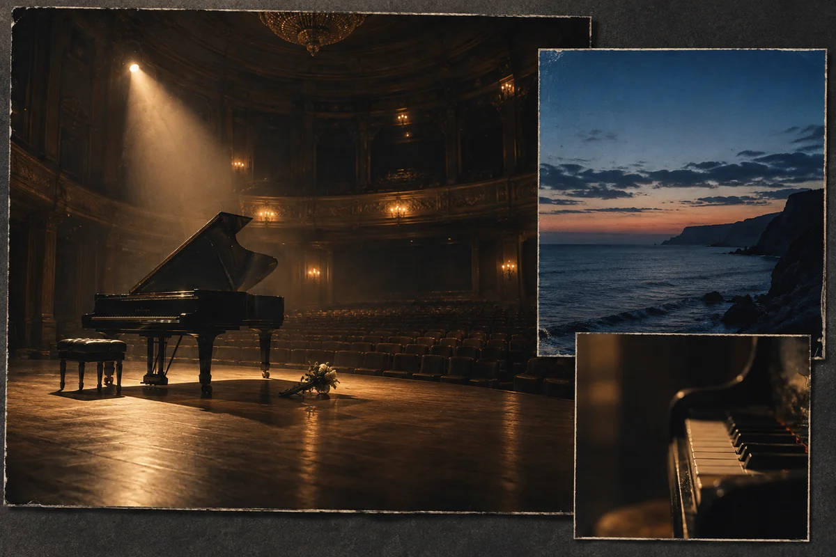 A concert hall and coastal horizon evoking a musical ending