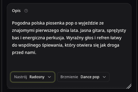 Prawdziwy formularz pop z opisem letniej podróży oraz wyborami nastroju i brzmienia