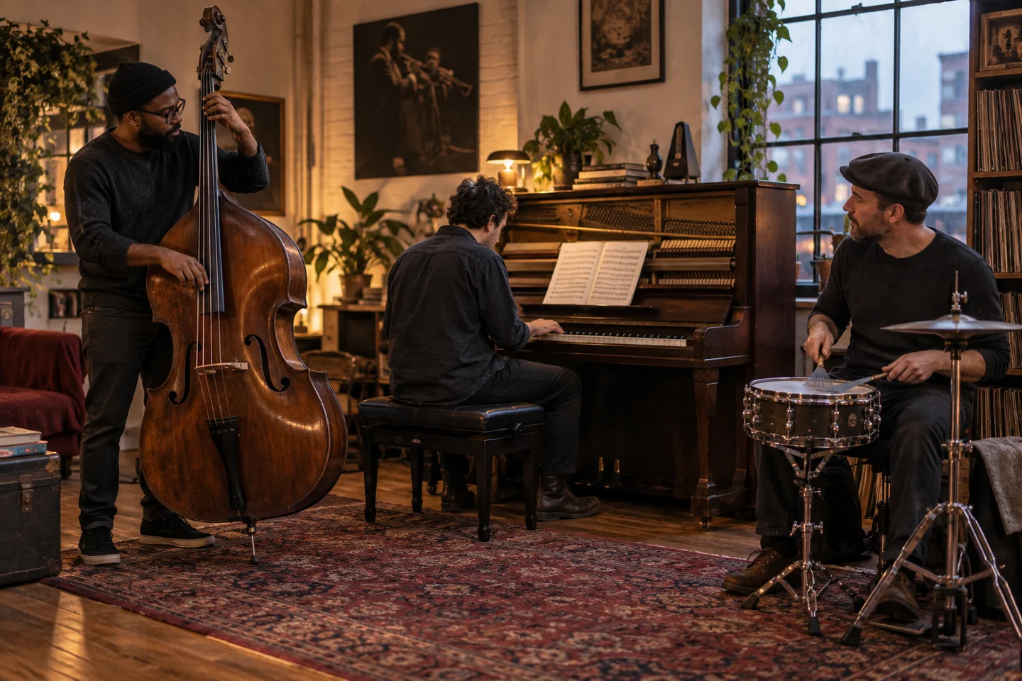 A bassist, pianist and drummer shaping an arrangement together