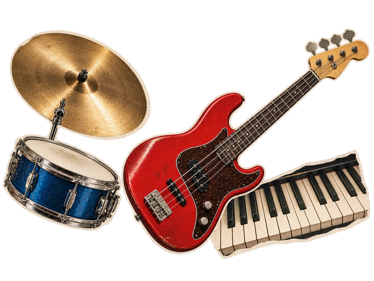 Bass, keyboard, cymbal and snare in an editorial cutout
