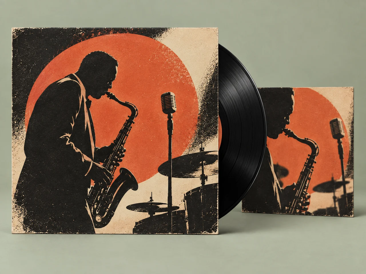Related jazz record sleeves echo a returning musical theme