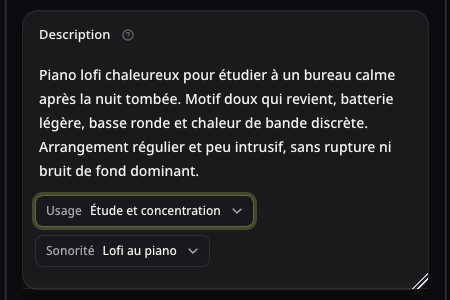 Vrai champ de description lofi rempli avec une idée de piano pour étudier