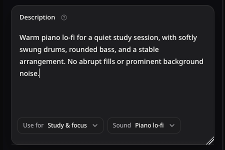 The real Lo-fi Description field filled with a quiet piano study idea