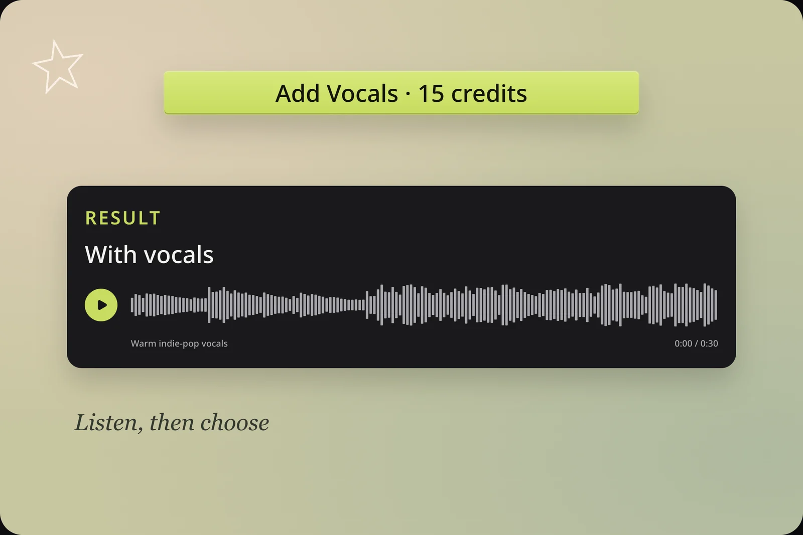 Real With vocals result preview and 15-credit generation button