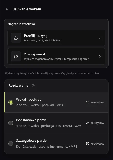 Opcje źródła separacji AISongsMaker przed wyborem utworu lub pliku