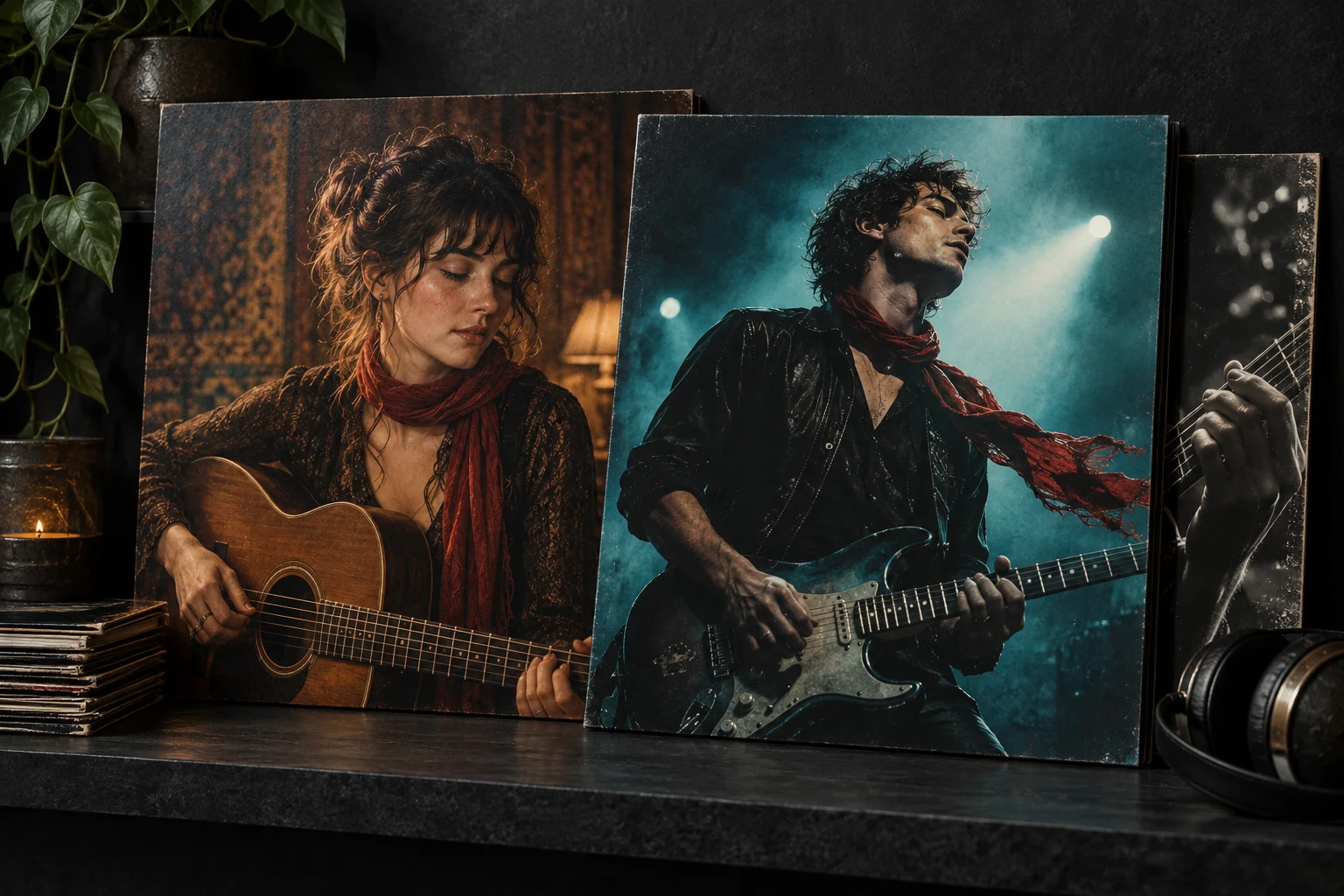 Acoustic and electric cover portraits connected by a red scarf motif