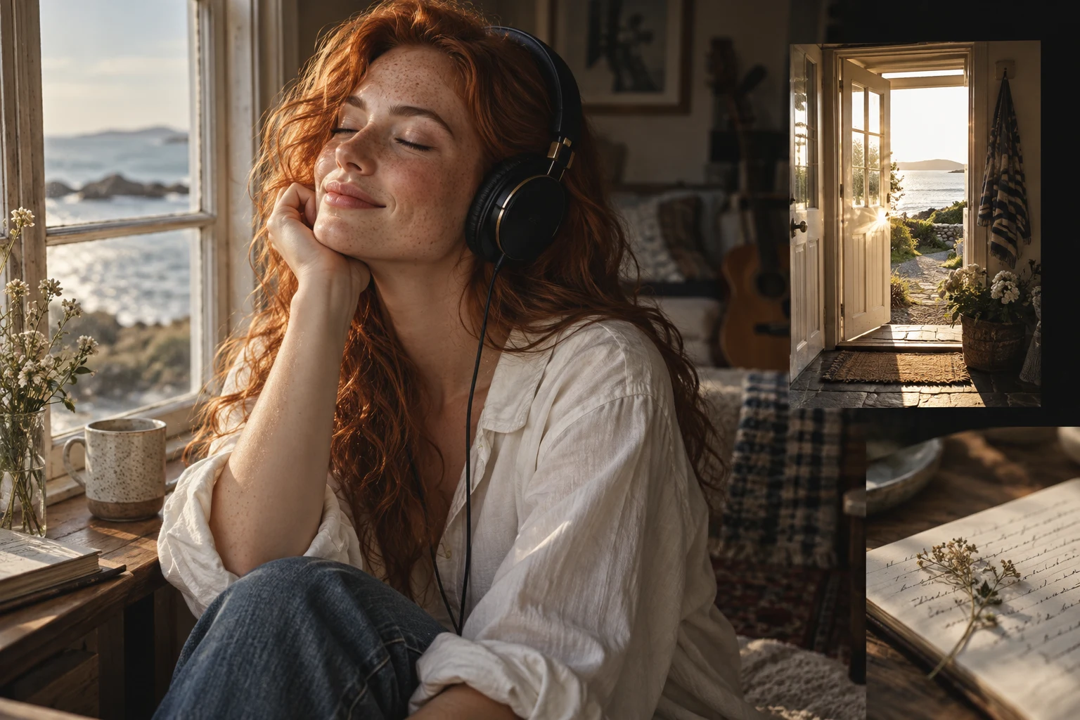 A songwriter listening beside a coastal window with a homecoming photograph