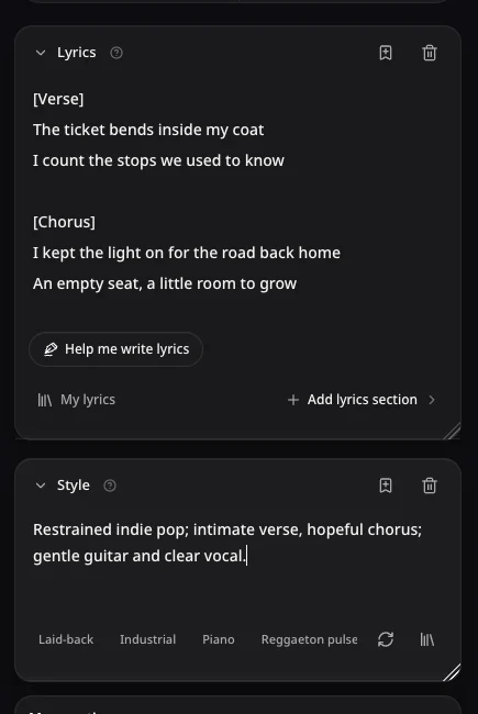 AISongsMaker Lyrics and Style fields prepared manually with original unsubmitted example inputs