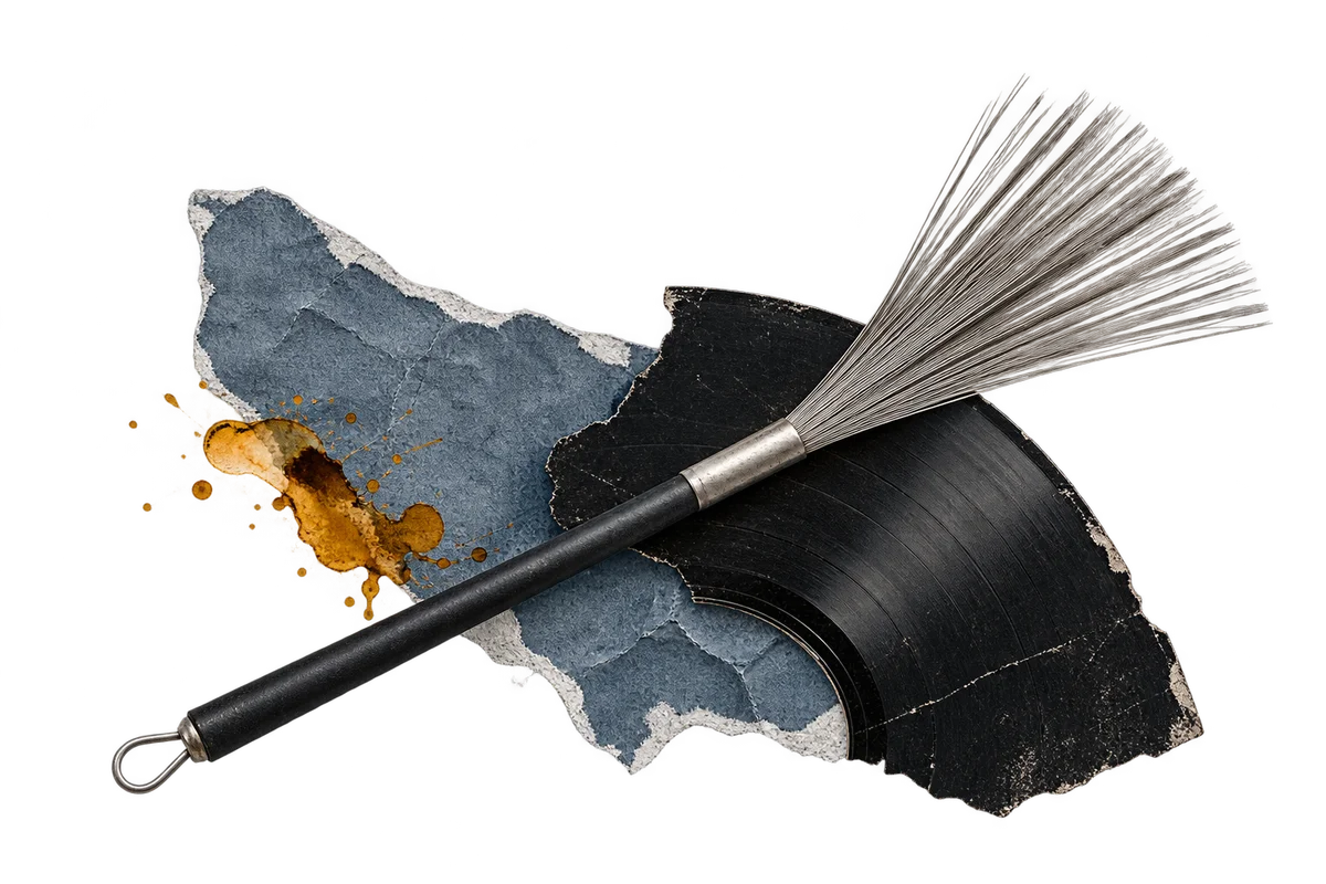 Original editorial composition of a drum brush, record edge and open paper space suggesting a restrained rhythm